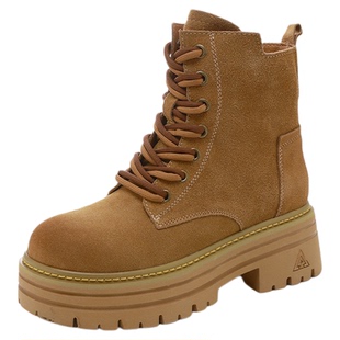 全牛皮-增高8CM马丁靴女2025秋冬新款加绒中筒短靴大黄靴工装靴子