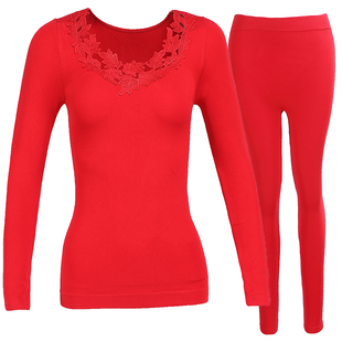 啄木鸟本命年大红色保暖内衣套装女士美体塑身秋衣秋裤纯棉打底衫