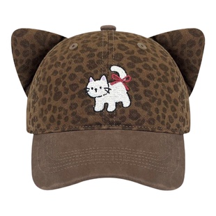 韩版甜酷豹纹耳朵棒球帽子女春季新款可爱显脸小鸭舌帽百搭遮阳帽