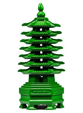 绿色桃木雕刻七层文昌塔摆件