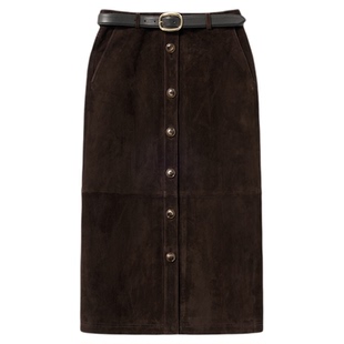 self-portrait 2026早春新款深棕色羊皮革麂皮绒a字半身裙中长裙