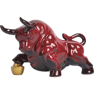 陶瓷红色牛小摆件牛气冲天家居招财装饰品办公室吉祥物生肖牛礼品