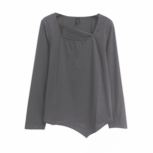 春季大码女装深灰色上衣不规则尖角下摆胖妹MM设计感针织T恤特卖