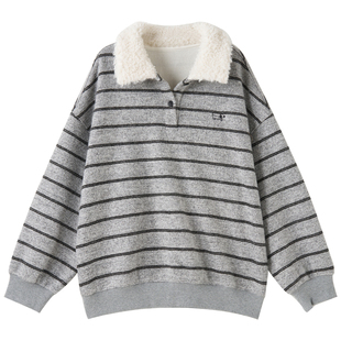 女大童毛绒翻领卫衣2025冬季新款初中生少女韩版条纹加绒圆领上衣