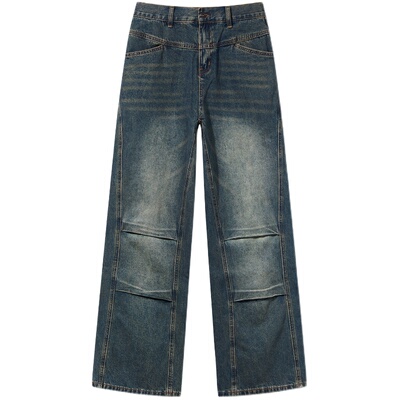 廓形捏褶水洗牛仔长裤