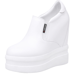 真皮厚底松糕鞋女春14CM内增高女鞋小白鞋坡跟百搭休闲超高跟单鞋