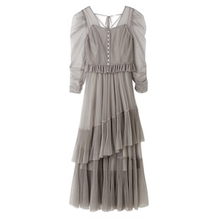 SNIDEL2025秋冬新品优雅V领泡泡袖荷叶边薄纱连衣裙SWFO255040