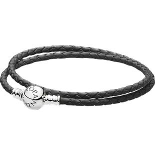 Pandora潘多拉双圈编织皮革手链黑色简约百搭送男友礼物