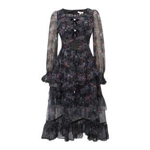 LULUALWAYS【商场同款】秋季新款复古氛围感绑带高腰雪纺连衣裙