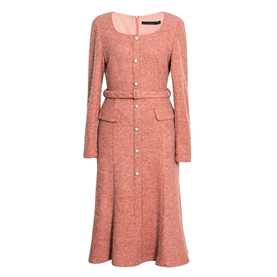 罗衣法式方领系带鱼尾毛呢连衣裙