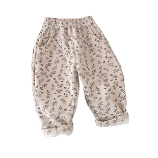 宝宝裤子松紧带森系女童灯笼裤秋冬装加绒保暖碎花长裤2025新款潮