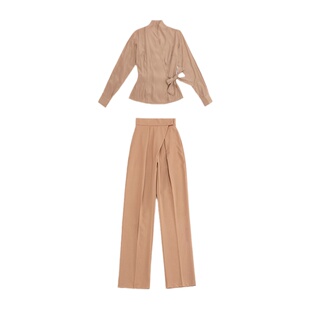 le palais vintage原创 梅拉德风 大地色包裹衬衫复古高腰萝卜裤