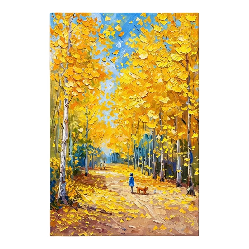 纯手绘厚肌理油画 金秋银杏林间小路挂画 治愈客厅玄关竖版装饰画