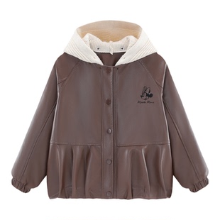 迪士尼2025秋冬季女童加绒加厚外套女孩皮夹克中大童连帽皮衣皮草