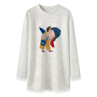 加绒加厚德绒打底衫女蕾丝内搭长袖t恤中长款遮屁股独特漂亮上衣