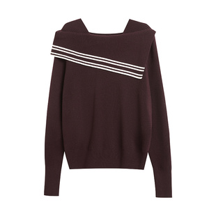 SANI奥莱甄选设计感大翻领显瘦毛衣可外穿一字肩撞色条纹针织衫女