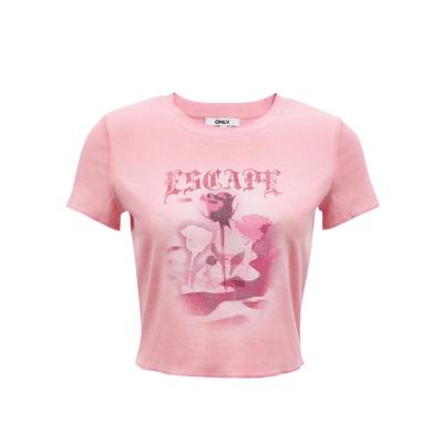 【新】绫致ONLY25春夏时尚做旧水洗细闪印花正肩短款T恤女潮