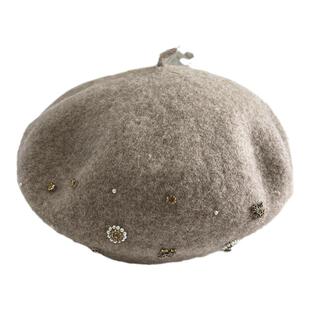 日系手工缝制水钻装饰纯羊毛贝雷帽女时尚复古韩版秋冬大头画家帽