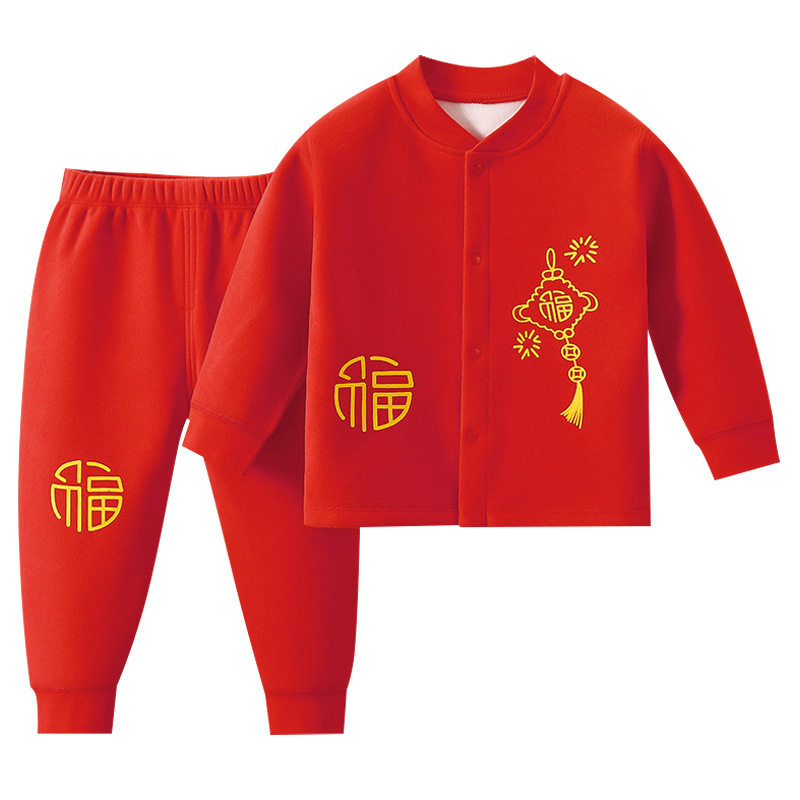 新生婴儿宝宝满月服红色保暖套装