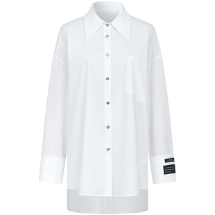 曼德诗棉质衬衫2025秋季新款纯色本白弹力长袖衬衣女