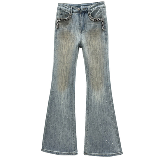 欧货ins烫钻牛仔裤女潮2026年春季新款高腰修身显瘦百搭微喇长裤