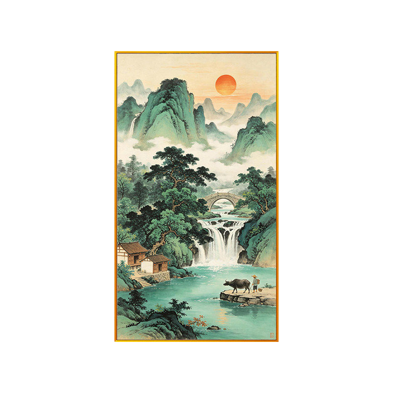 现代水墨青山绿水手工绣满绣2026新款流水生财玄关墙壁十字绣线绣