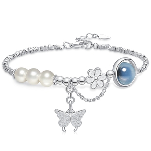 潮宏基闪耀银河S925银玉髓碎银子珍珠手链手饰蝴蝶桃花生日女