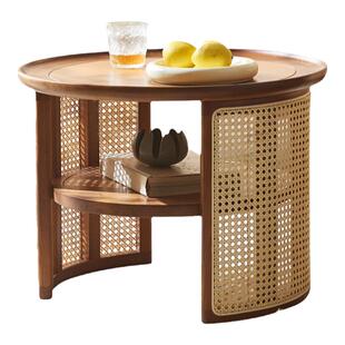 北欧圆茶几大小高低组合侘寂风复古实木藤编圆形边几日式小矮桌子