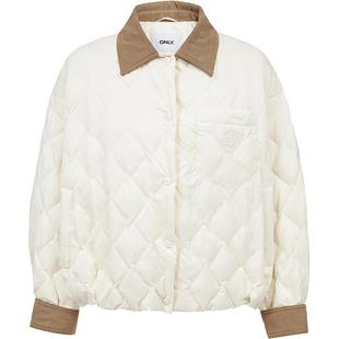 ONLY2025冬季新款复古条绒撞色翻领抽绳下摆保暖白鸭绒羽绒服女