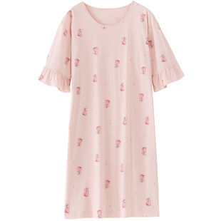 顶呱呱顶瓜瓜纯棉女士睡裙夏季新薄款100%全棉花卉印花甜美家居裙