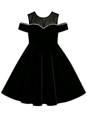 女童黑色露肩长中裙钢琴演出服
