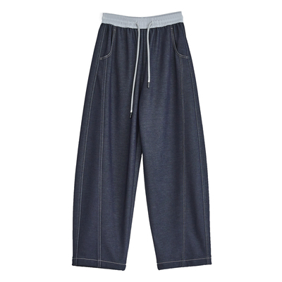 松紧腰拼接加绒阔腿休闲裤女