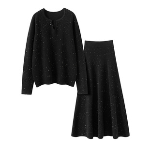 吸睛惊艳 星空系列山羊绒女轻奢套装圆V领伞裙加厚针织高腰半身裙