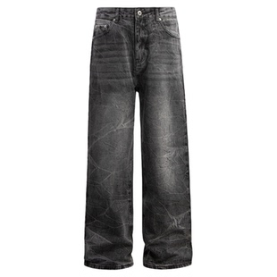 INKNOTS美式复古裂纹水洗做旧黑色Baggy牛仔裤男女潮牌高街休闲裤