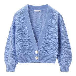 OVV春夏热卖女装马海毛羊毛混纺泡泡七分袖短款针织开衫外套