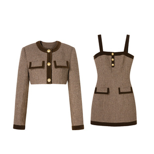 【曼珠沙华】Uena美式复古千鸟格拼接丝绒短款外套吊带连衣裙套装