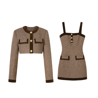 曼珠沙华Uena千鸟格拼接丝绒套装