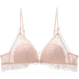 六只兔子前扣内衣女小胸聚拢性感法式三角杯蕾丝文胸轻薄款无钢圈