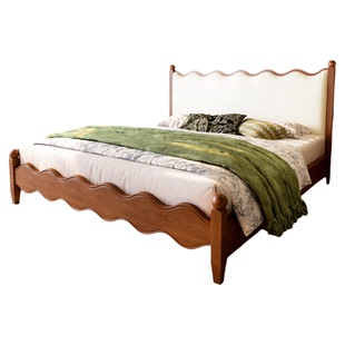 中古风实木涟漪床1米8双人真皮储物床小户型法式复古主卧软包床架