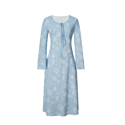 印花斜裁剪圆领飘带连衣裙