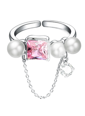 粉系少女甜美珍珠爱心开口戒指