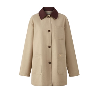 【63%棉】Eland衣恋风衣女翻领格纹后开衩外套2025夏季新款