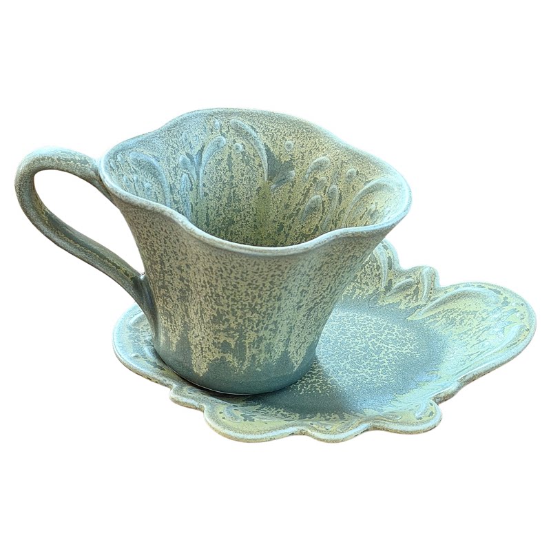 复古手作窑变青苔绿花口咖啡杯碟陶瓷下午茶水杯拉花拿铁杯子礼物