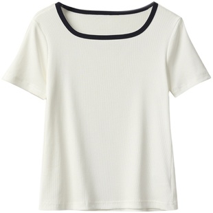 优可丝木纤维小方领 女士撞色T恤 薄款修身短袖 山东网店夏款女装