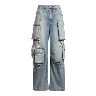 工装裤阔腿牛仔裤女 ochirly欧时力2024新款早春破洞直筒宽松显瘦