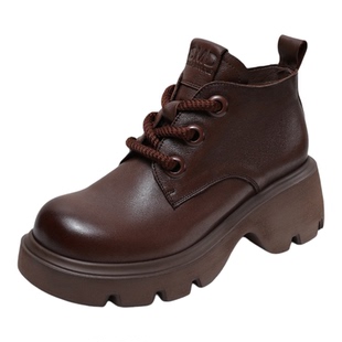 复古真皮粗高跟增高6CM高帮单鞋女春马丁靴2026头层牛皮厚底短靴