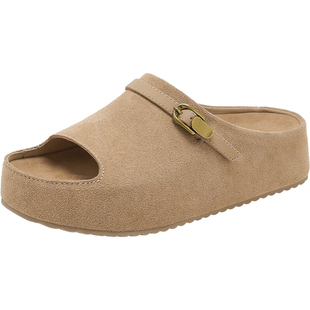 星期六厚底凉鞋女夏2026春季新款百搭杏色舒适一脚蹬露趾休闲拖鞋