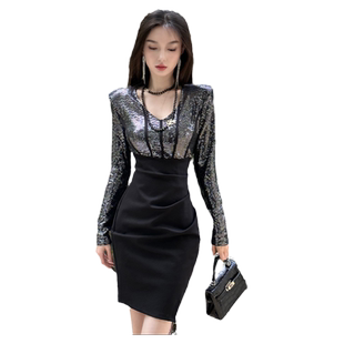 法式穿搭小个子V领亮片连衣裙短款设计感拼接高冷御姐风包臀裙子