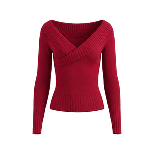 PynkiSwear 藏青色/红色围裹交叉V领修身毛衣坑条针织衫打底上衣