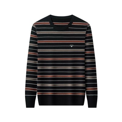 皮尔卡丹高档男士羊毛衫圆领毛衣春秋款条纹针织长袖T恤薄款打底.